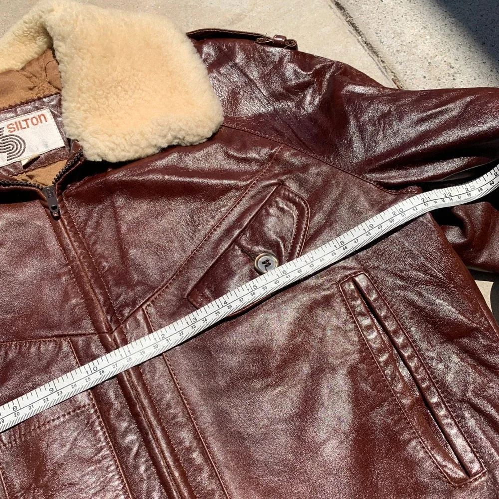 Vintage 1970s Silton brown leather flight jacket w/ sherpa collar - size 42 mens
